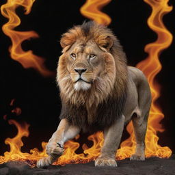 A majestic lion surrounded by vibrant, dancing flames in a wild, dramatic scene