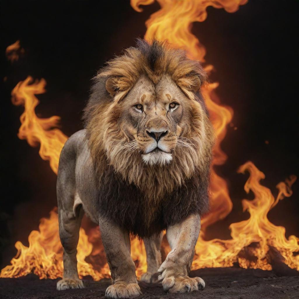 A majestic lion surrounded by vibrant, dancing flames in a wild, dramatic scene