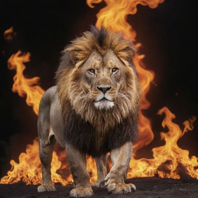 A majestic lion surrounded by vibrant, dancing flames in a wild, dramatic scene