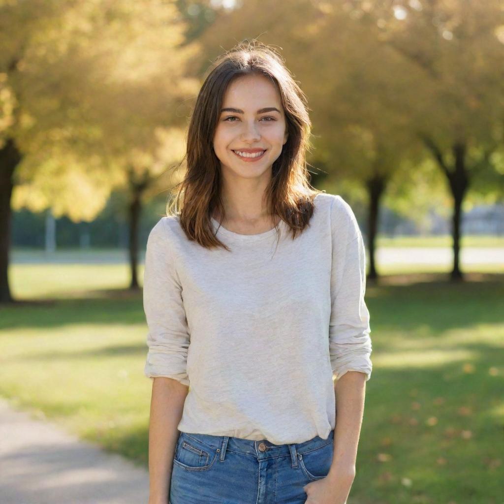 A friendly smiling girl in stylish casual clothes, standing in front of a sunny park background.