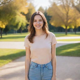 A friendly smiling girl in stylish casual clothes, standing in front of a sunny park background.