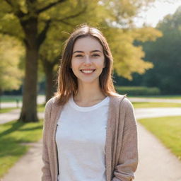 A friendly smiling girl in stylish casual clothes, standing in front of a sunny park background.