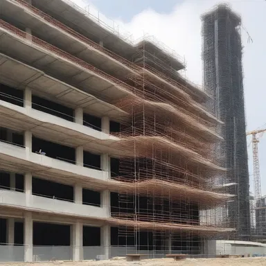 The scaffold was set up around the high-rise construction site to facilitate the work of the architects and construction workers.
