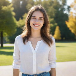 A friendly smiling girl in stylish casual clothes, standing in front of a sunny park background.