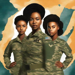 A compelling digital art book cover showcases a black female Sergeant in the US Army, confidently posing with her two teenage daughters who are dressed in different outfits than hers