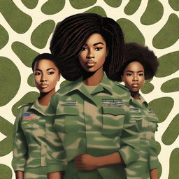 A compelling digital art book cover showcases a black female Sergeant in the US Army, confidently posing with her two teenage daughters who are dressed in different outfits than hers