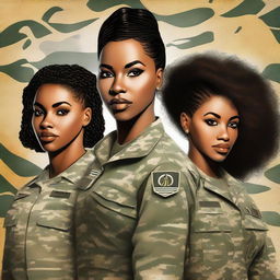 A compelling digital art book cover showcases a black female Sergeant in the US Army, confidently posing with her two teenage daughters who are dressed in different outfits than hers