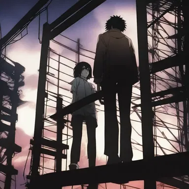 In the dark and dramatic anime series, the final showdown takes place on a sinister scaffold.