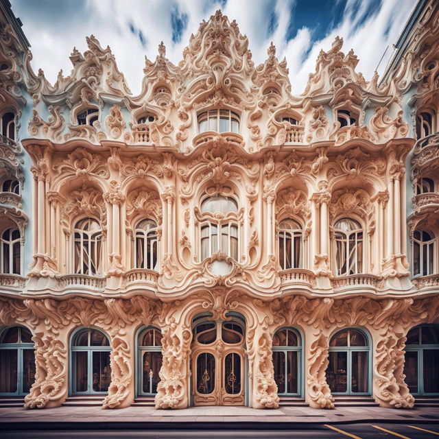 A grand Rococo style building in a city center with intricate ornamentation, large arched windows, an elaborate entrance, and a complex roof arrangement. The building's soft pastel color palette gives it a light and airy feel.