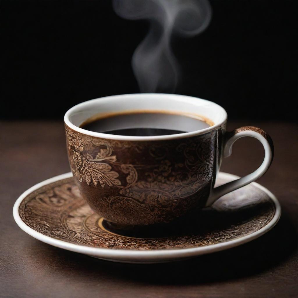 A steaming cup of coffee with intricate details showing the rich dark color of the coffee and a beautiful ceramic cup.