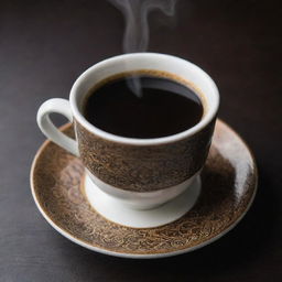 A steaming cup of coffee with intricate details showing the rich dark color of the coffee and a beautiful ceramic cup.