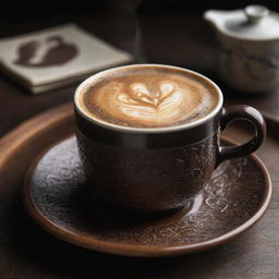 A steaming cup of coffee with intricate details showing the rich dark color of the coffee and a beautiful ceramic cup.