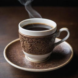 A steaming cup of coffee with intricate details showing the rich dark color of the coffee and a beautiful ceramic cup.