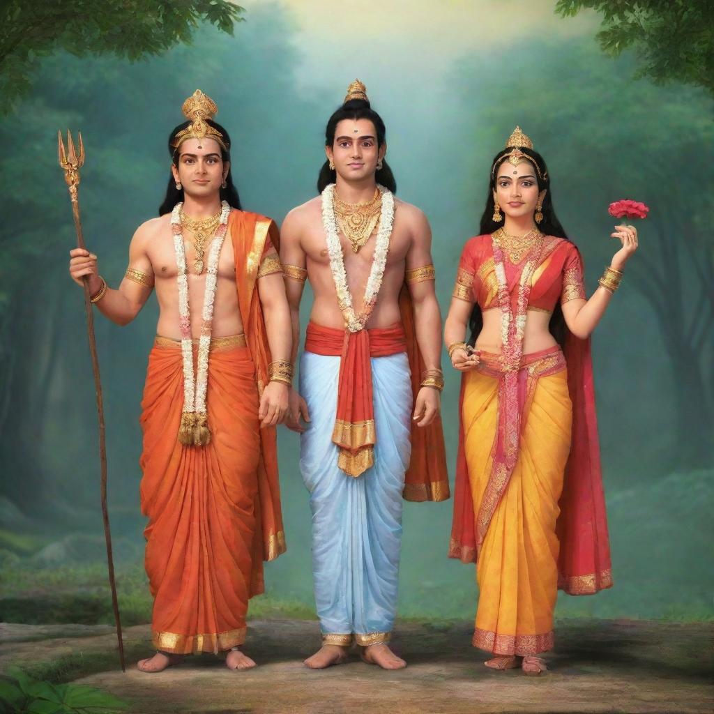 Animated version of Shree Ram, Lakshman and Sita in traditional attire, standing together in a tranquil, spiritual setting