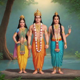 Animated version of Shree Ram, Lakshman and Sita in traditional attire, standing together in a tranquil, spiritual setting