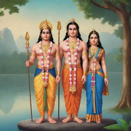 Animated version of Shree Ram, Lakshman and Sita in traditional attire, standing together in a tranquil, spiritual setting