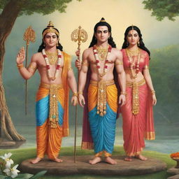 Animated version of Shree Ram, Lakshman and Sita in traditional attire, standing together in a tranquil, spiritual setting