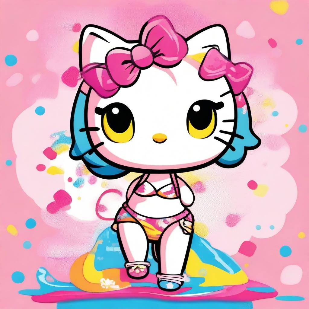 An image of a cartoon style Hello Kitty character, donned in a tastefully designed bikini