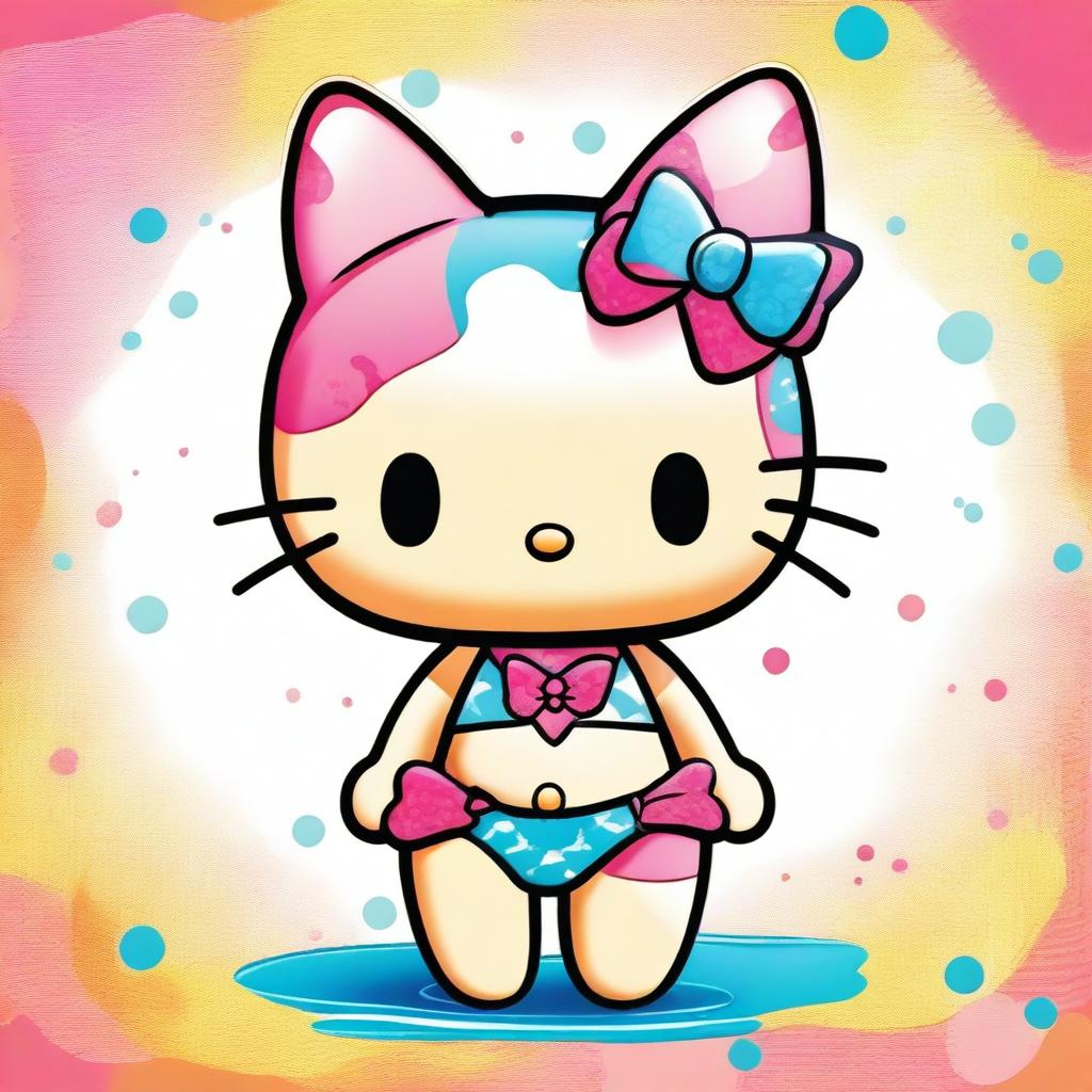 An image of a cartoon style Hello Kitty character, donned in a tastefully designed bikini