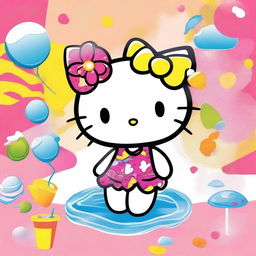 An image of a cartoon style Hello Kitty character, donned in a tastefully designed bikini