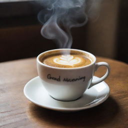 The earlier image of the steaming cup of coffee, now with a heartwarming 'Good Morning' message artistically inscribed in the background.