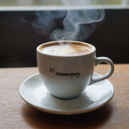 The earlier image of the steaming cup of coffee, now with a heartwarming 'Good Morning' message artistically inscribed in the background.