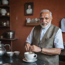 A detailed portrait of Mr. Narendra Modi, the Prime Minister of India, at a traditional Indian tea shop proudly making a cup of tea.