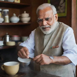 A detailed portrait of Mr. Narendra Modi, the Prime Minister of India, at a traditional Indian tea shop proudly making a cup of tea.