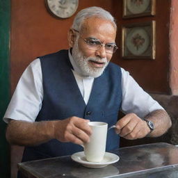 A detailed portrait of Mr. Narendra Modi, the Prime Minister of India, at a traditional Indian tea shop proudly making a cup of tea.