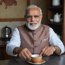 A detailed portrait of Mr. Narendra Modi, the Prime Minister of India, at a traditional Indian tea shop proudly making a cup of tea.