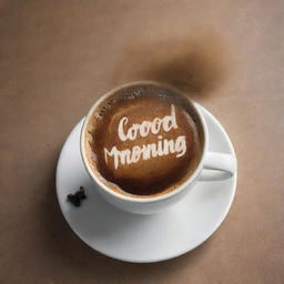 A realistic image of the previously mentioned cup of coffee with the words 'Good Morning' artistically created on the surface of the coffee along with wispy smoke spelling out 'moulicious' rising into the air.