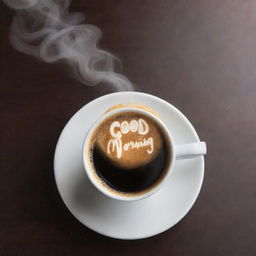 A realistic image of the previously mentioned cup of coffee with the words 'Good Morning' artistically created on the surface of the coffee along with wispy smoke spelling out 'moulicious' rising into the air.