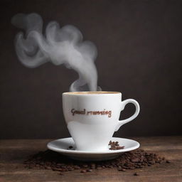 A realistic image of the previously mentioned cup of coffee with the words 'Good Morning' artistically created on the surface of the coffee along with wispy smoke spelling out 'moulicious' rising into the air.