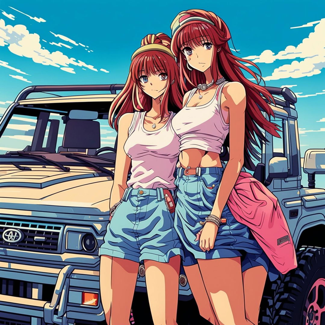 A high-quality, vibrant anime-style digital art piece featuring two stylish, attractive girls standing beside a detailed, classic model Land Cruiser against a cityscape background