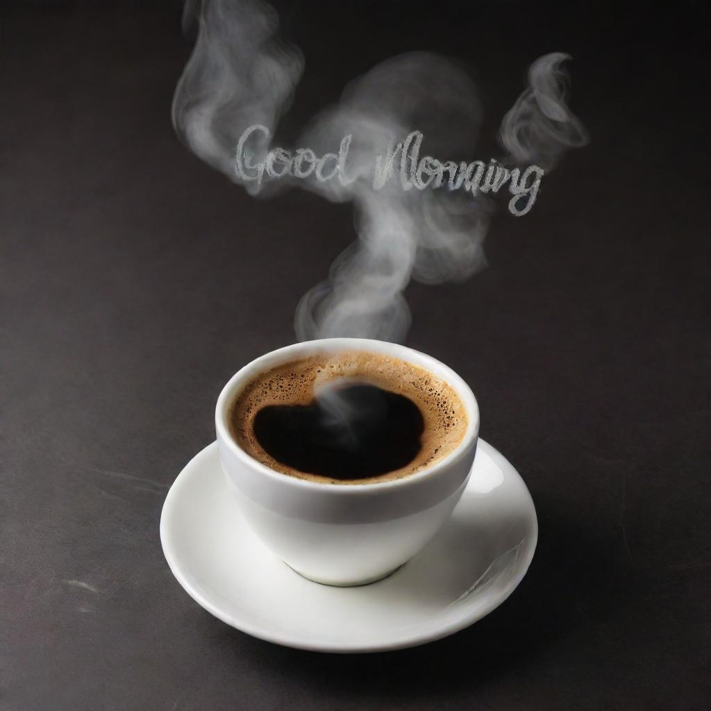 A realistic image of the previously mentioned cup of coffee with the words 'Good Morning' artistically created on the surface of the coffee along with wispy smoke spelling out 'moulicious' rising into the air.