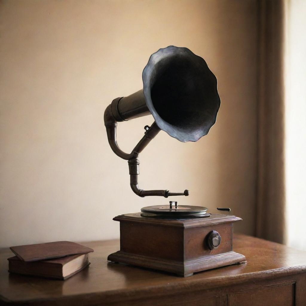 A captivating image encapsulating the essence of old classical music, with a vintage gramophone being the center of focus, radiating a strong sense of nostalgia.