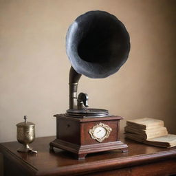 A captivating image encapsulating the essence of old classical music, with a vintage gramophone being the center of focus, radiating a strong sense of nostalgia.