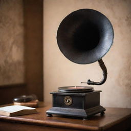 A captivating image encapsulating the essence of old classical music, with a vintage gramophone being the center of focus, radiating a strong sense of nostalgia.