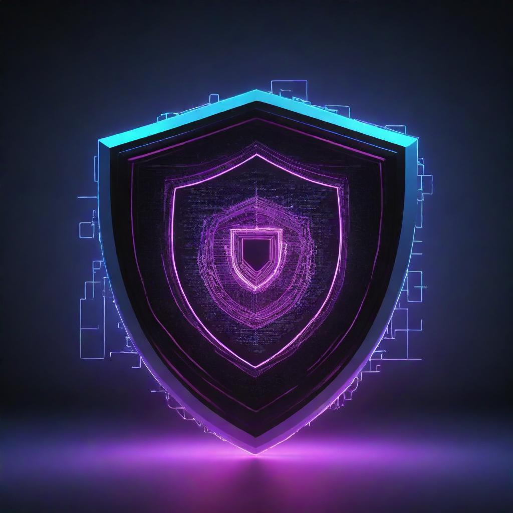 An intricate system comprised of abstract digital elements, guarded by a neon glowing shield, symbolizing cyber security.