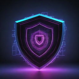 An intricate system comprised of abstract digital elements, guarded by a neon glowing shield, symbolizing cyber security.