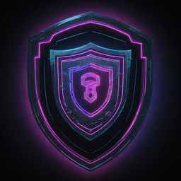 An intricate system comprised of abstract digital elements, guarded by a neon glowing shield, symbolizing cyber security.