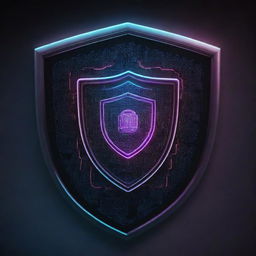 An intricate system comprised of abstract digital elements, guarded by a neon glowing shield, symbolizing cyber security.