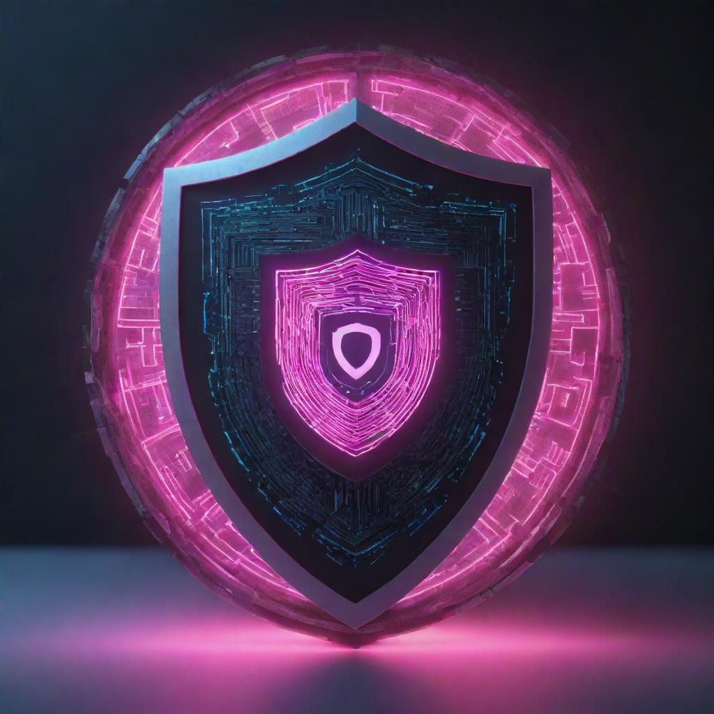 An intricate system comprised of abstract digital elements, guarded by a neon glowing shield, symbolizing cyber security.