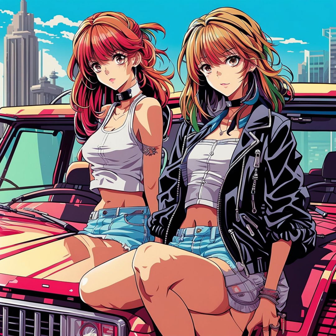 A detailed, vibrant anime-style digital art piece featuring two incredibly attractive girls and a prominently displayed classic Land Cruiser against a distant cityscape