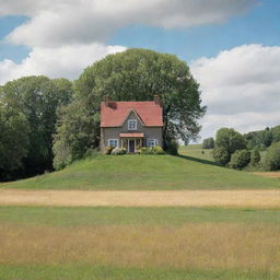 An earthbound house in a picturesque open field, surrounded by nature