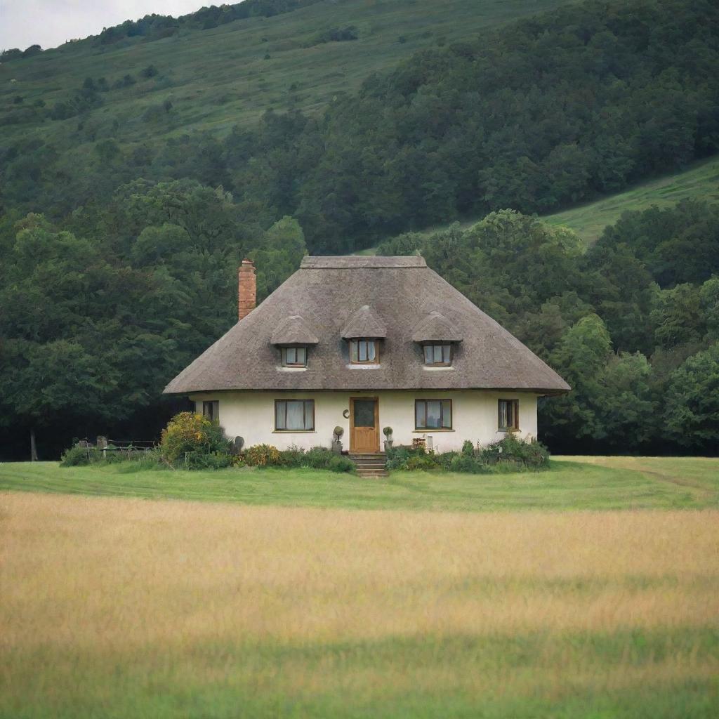 An earthbound house in a picturesque open field, surrounded by nature