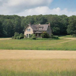 An earthbound house in a picturesque open field, surrounded by nature