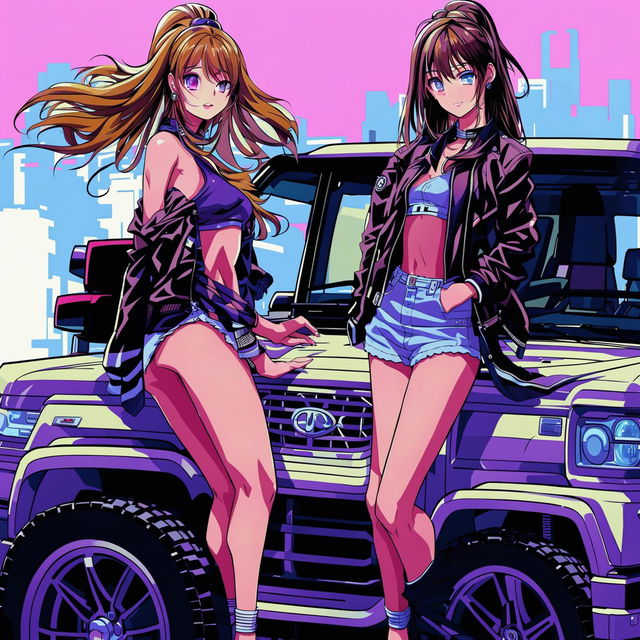 A vibrant, detailed anime-style digital art piece, with a Land Cruiser at the center, surrounded by two exceptionally attractive girls, against a silhouette of a cityscape