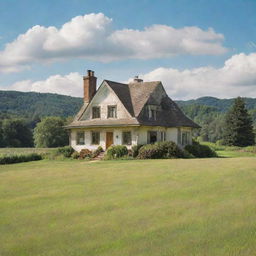 An earthbound house in a picturesque open field, surrounded by nature