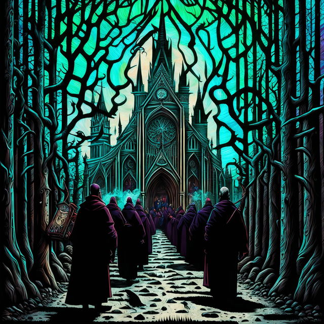 A traditional Gothic art piece featuring a towering cathedral, a procession of monks, and a stormy sky filled with crows. The scene is dark and moody, with splashes of color from stained glass windows and torches.